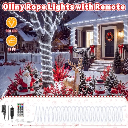 Ollny Christmas Rope Lights Outdoor 50 FT 300 LED Cool White with Remote & Modes