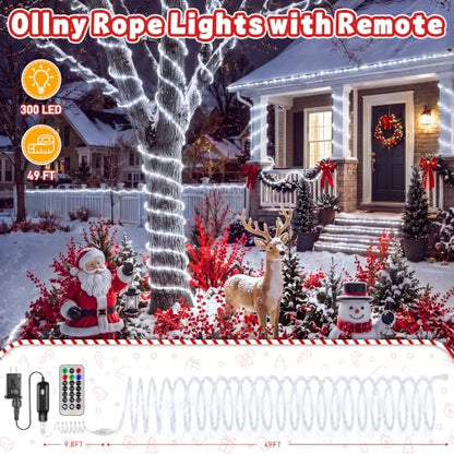 Ollny Christmas Rope Lights Outdoor 50 FT 300 LED Cool White with Remote & Modes