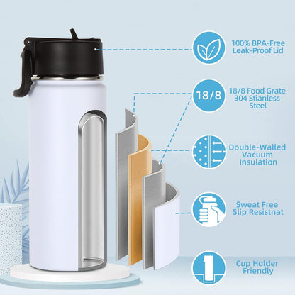 Volhoply Insulated Water Bottles - 18oz Stainless Steel Kids Flask with Straw | Double Wall, 2-Pack