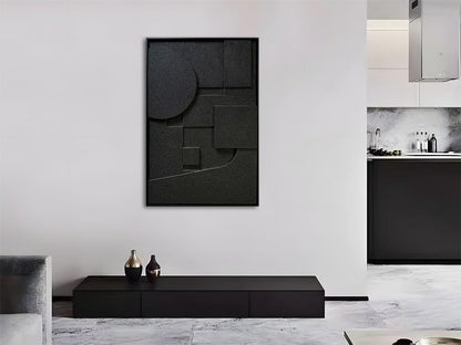 Slyart Black Textured Wall Art - Handmade 3D Abstract Relief Painting | Framed Vertical Art 24x36 Inch