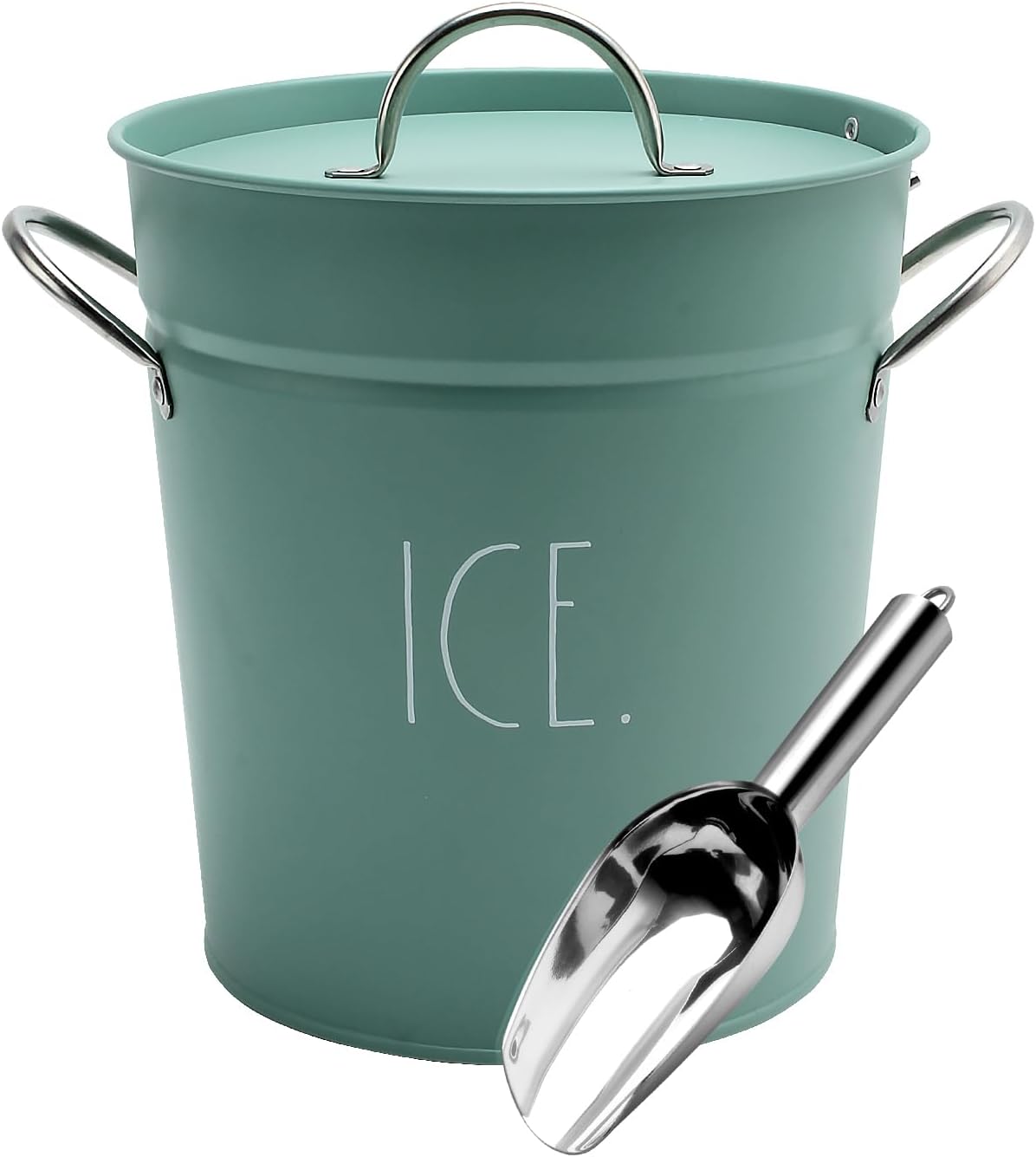Rae Dunn Ice Bucket with Scoop - Stainless Steel Bucket with Handle, Lid and Ice Scooper - 4 Qt. Storage Bin for Ice Cubes for Bars, Parties, Backyard Barbeques, Picnics, and Camping (Sage)