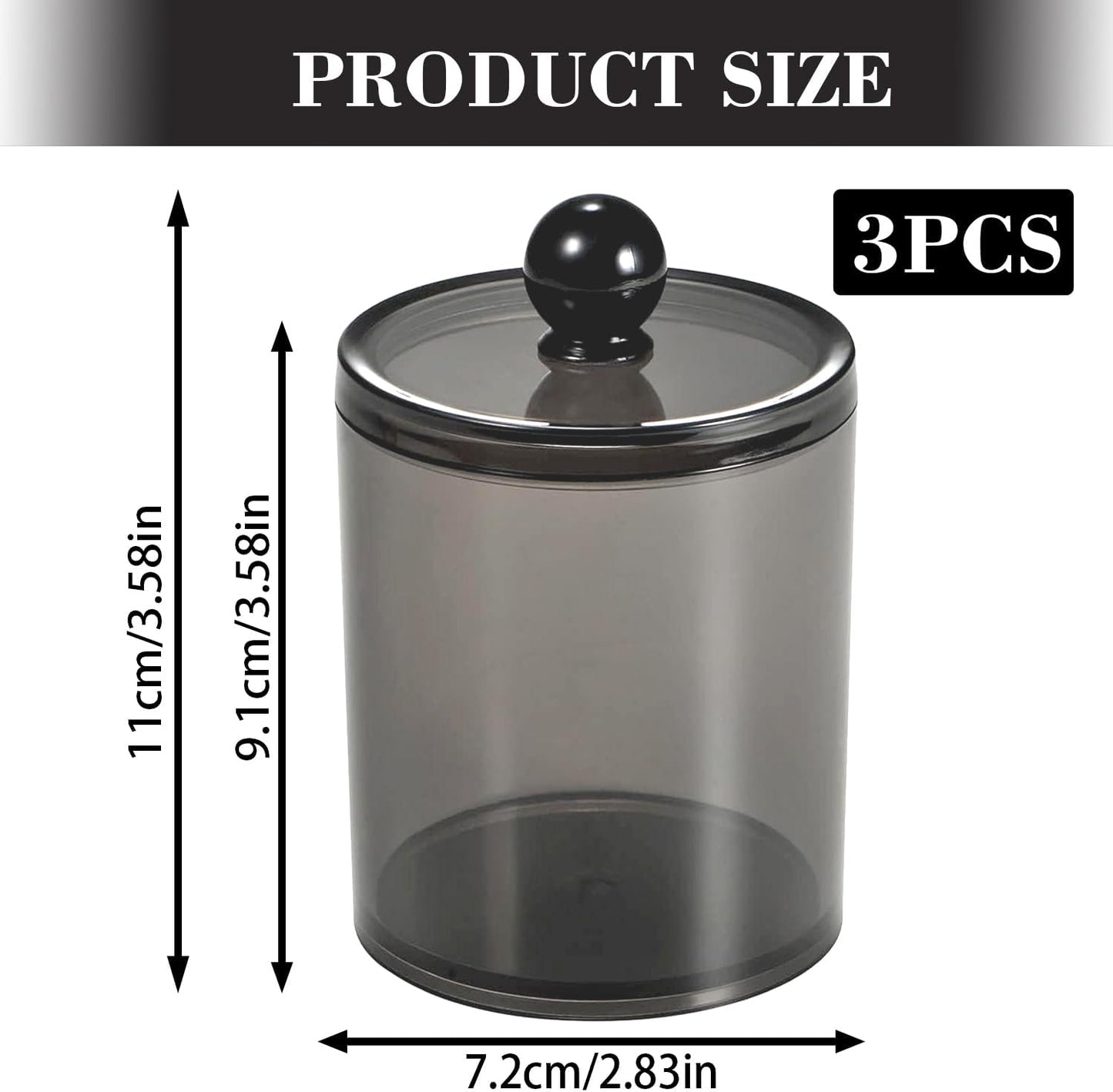 Skiennix Cotton Buds Dispenser - Clear Black Round Holder Set | 10 oz Apothecary Jar for Bathroom Storage