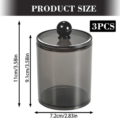 Skiennix Cotton Buds Dispenser - Clear Black Round Holder Set | 10 oz Apothecary Jar for Bathroom Storage