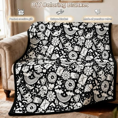 DIY Cartoon Pattern Flannel Blanket Kit with Fabric Markers - Color Your Own Art Blanket, 50x59 Inches