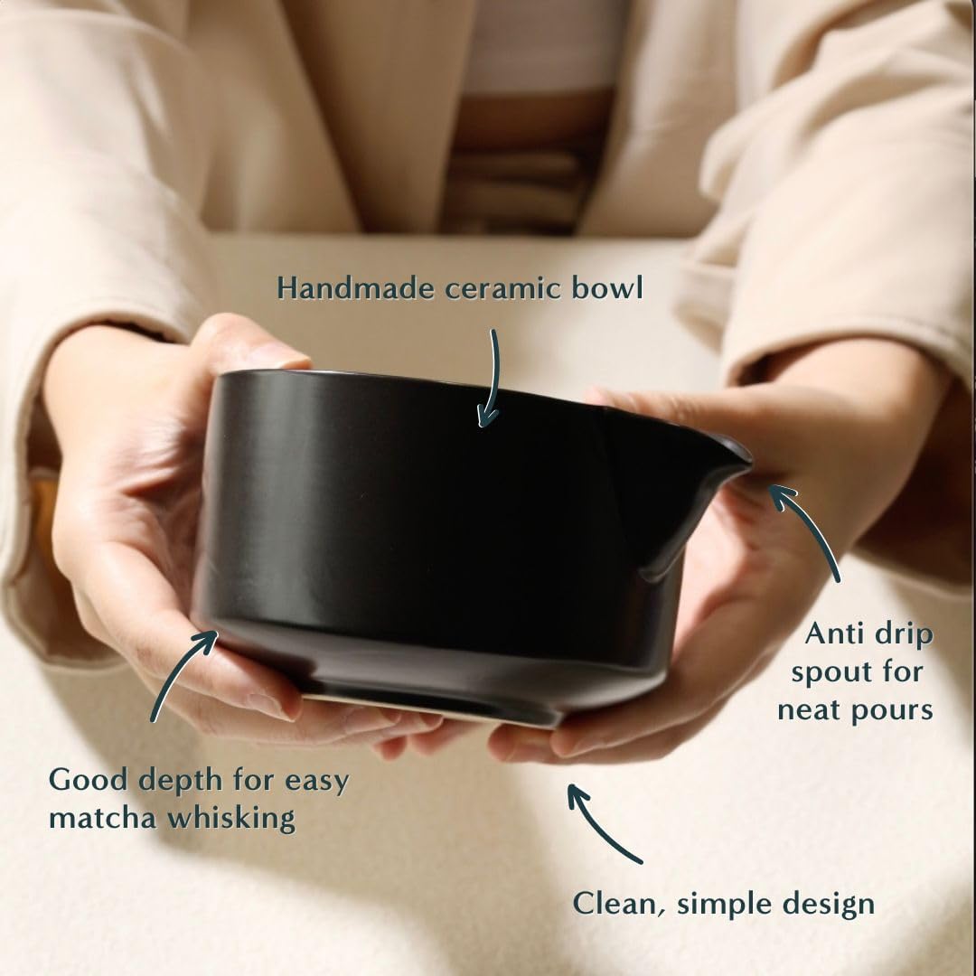Naoki Matcha Ceramic Chawan Tea Bowl Set - Handmade Black Matte Glaze with Pour Spout - 18 Ounce Capacity