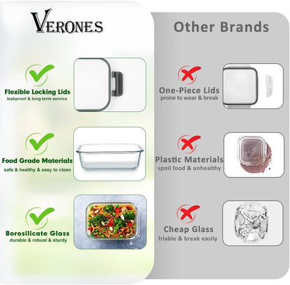 VERONES Glass Food Storage Containers Set - 12 Airtight Meal Prep Containers with Lids | BPA-Free, Microwave & Oven Safe, Grey
