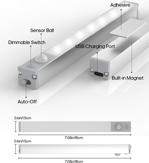 GOODEA 6 Pack LED Under Cabinet Lights - Wireless, Rechargeable Motion Sensor, Dimmable Indoor Lighting | 7” for Cabinets, Bookshelves, Stairs, Hallways