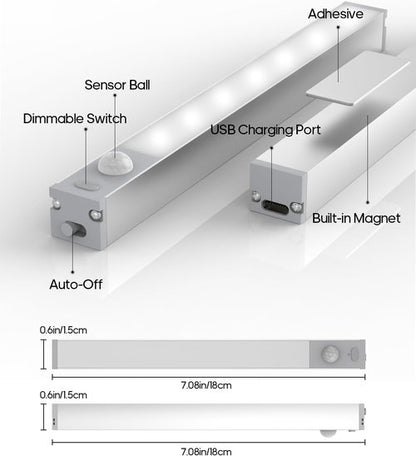 GOODEA 6 Pack LED Under Cabinet Lights - Wireless, Rechargeable Motion Sensor, Dimmable Indoor Lighting | 7” for Cabinets, Bookshelves, Stairs, Hallways