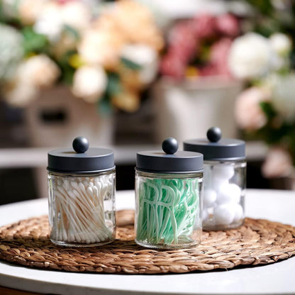 Amolliar Apothecary Jars - Stylish Bathroom Storage Organizer | Glass Canister with Lid for Q-Tips, Cotton Swabs & More - Grey (2 Pack)
