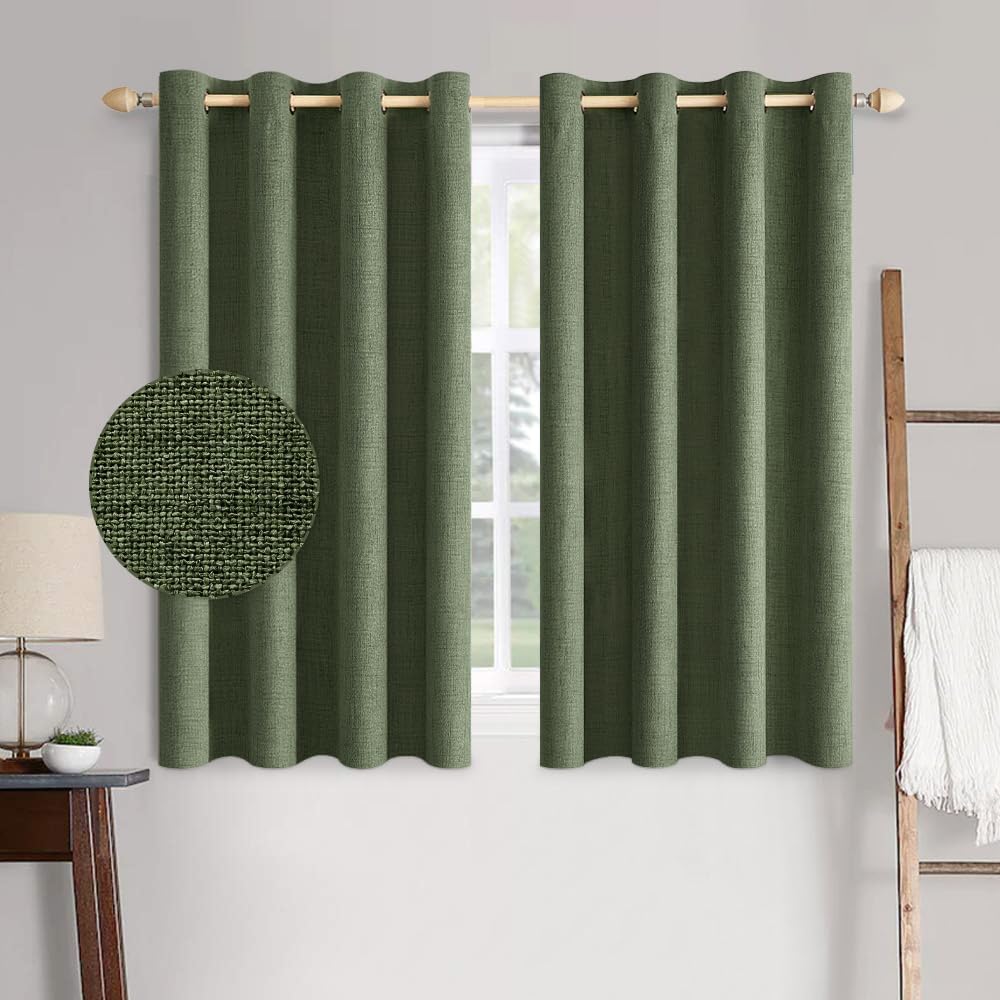 MIULEE 100% Blackout Linen Textured Curtains - Thermal Insulated Olive Green Drapes | 52 x 54 Inch (2 Panels)