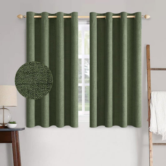 MIULEE 100% Blackout Linen Textured Curtains - Thermal Insulated Olive Green Drapes | 52 x 54 Inch (2 Panels)