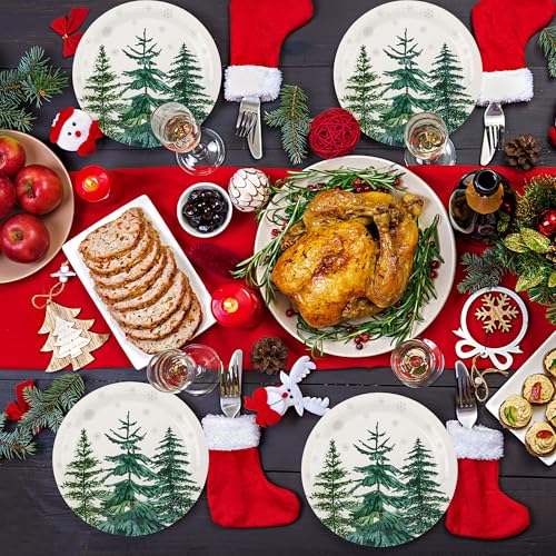 Christmas Trees Paper Plates - 7 Inch Xmas Tree Snowflake Party Dinnerware, 24 Pack - Pine Trees Variation