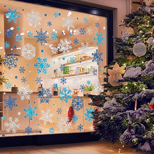 9 Sheets Glitter Snowflake Window Clings for Christmas Holiday Decor - Blue & Silver