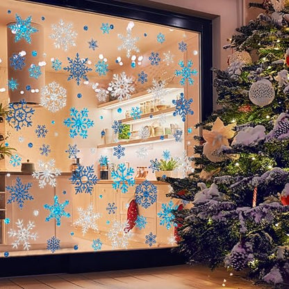 9 Sheets Glitter Snowflake Window Clings for Christmas Holiday Decor - Blue & Silver