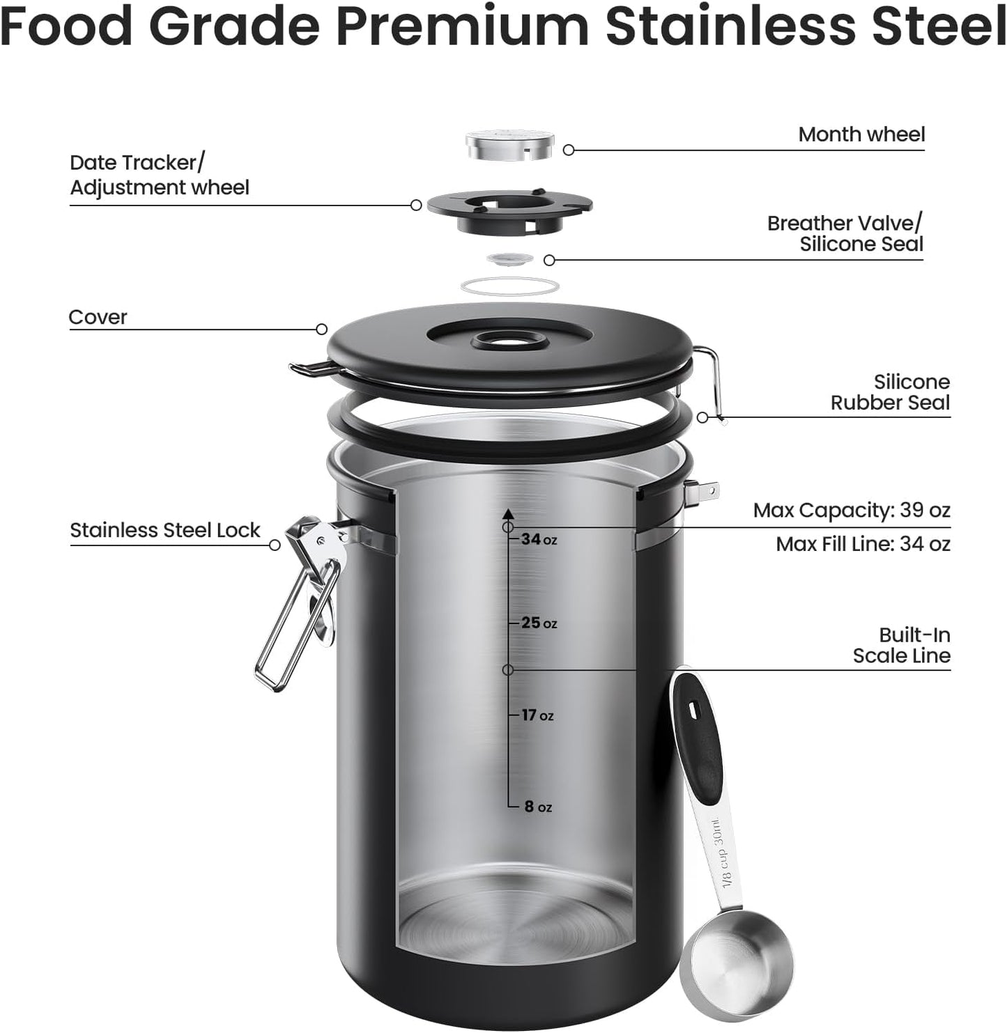 Veken Coffee Canister - Airtight Stainless Steel Food Storage Container | 39oz for 2.2lbs Beans, Sugar, Tea, Black