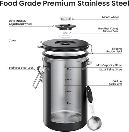 Veken Coffee Canister - Airtight Stainless Steel Food Storage Container | 39oz for 2.2lbs Beans, Sugar, Tea, Black