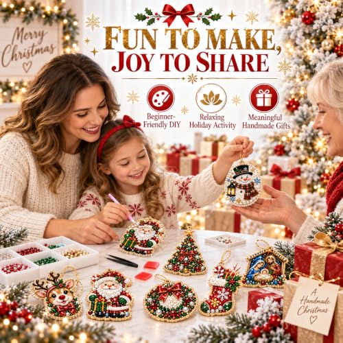 Christmas Pearl Diamond Art Kits - 10pcs Holiday Ornaments with Gems & Twine - Variation #J