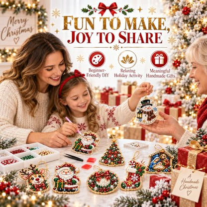 Christmas Pearl Diamond Art Kits - 10pcs Holiday Ornaments with Gems & Twine - Variation #J