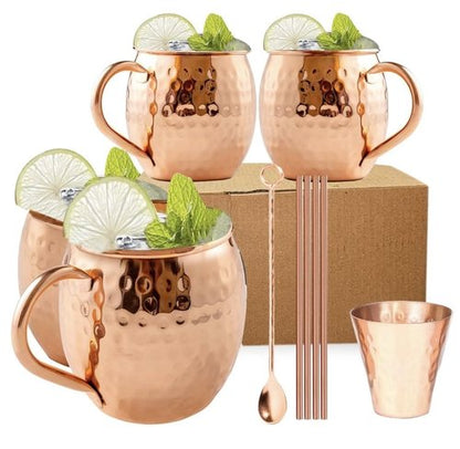 BOLD & DIVINE Moscow Mule Mugs - Set of 4-100% Pure Copper Mugs Large 16 oz - Food Safe - Premium Moscow Mule Cups Set of 4 | BONUS 4 Straws, 1 Shot Glass, 1 Spoon