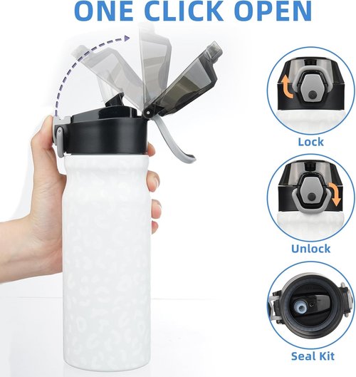 BJPKPK Insulated Water Bottle - 18oz Stainless Steel Flask with Straw, Leak-Proof Lid & Carry Handle | Cream Leopard