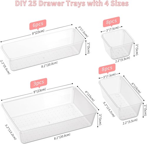25 PCS Plastic Drawer Organizer Set - Clear Non-Slip Storage Bins for Makeup, Jewelry & Office | Versatile 4-Size Trays