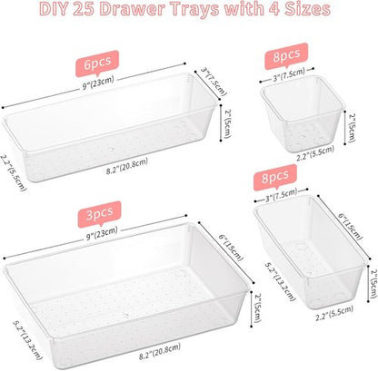 25 PCS Plastic Drawer Organizer Set - Clear Non-Slip Storage Bins for Makeup, Jewelry & Office | Versatile 4-Size Trays