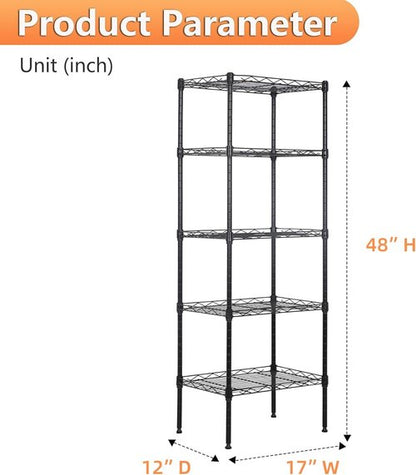 BestOffice 5-Tier Wire Storage Shelves - Heavy-Duty Metal | Adjustable Racks | 17x12x48 | Black | Holds Up to 750 lbs | No-Tool Assembly for Home & Garage