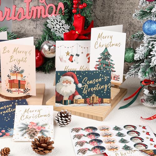 24 Holiday Christmas Cards with Red Envelopes & Stickers - Assorted Designs