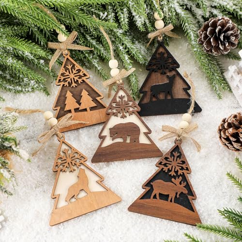 Rustic Christmas Wood Animal Ornaments Set - Reindeer, Bear, Wolf, Moose, Evergreen Tree