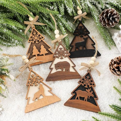 Rustic Christmas Wood Animal Ornaments Set - Reindeer, Bear, Wolf, Moose, Evergreen Tree