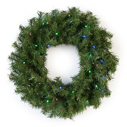 Pre-Lit Artificial Christmas Wreath 24 Inches - Norwood Fir with Multicolor Lights