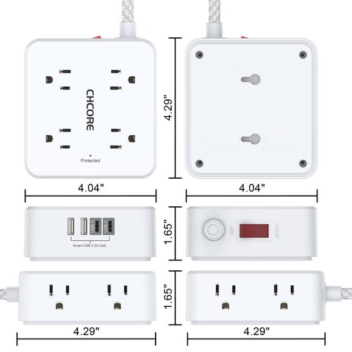 Surge Protector Power Strip - CHCORE 6Ft Braided Extension Cord with 8 Outlets with 4 USB (2 USB C) Charging Ports, Flat Plug Multi Plug Outlet Extender Charging Station for Home Office, ETL, White