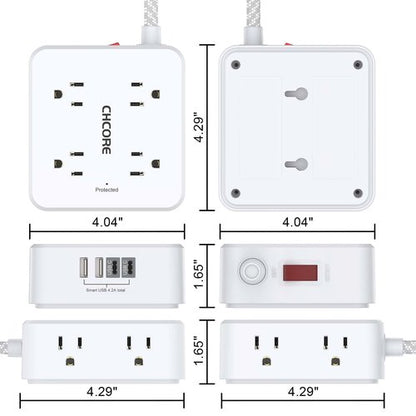 Surge Protector Power Strip - CHCORE 6Ft Braided Extension Cord with 8 Outlets with 4 USB (2 USB C) Charging Ports, Flat Plug Multi Plug Outlet Extender Charging Station for Home Office, ETL, White