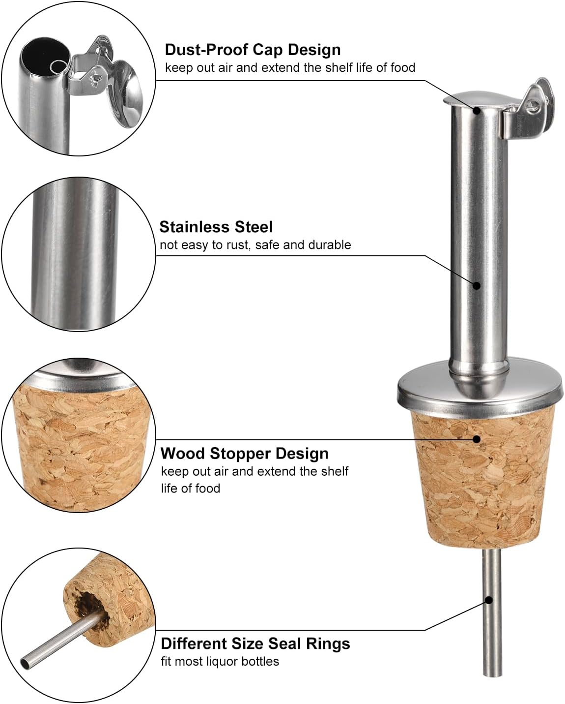 uxcell Stainless Steel Bottle Pourers, 2Pcs Auto Flip Olive Oil Spout, Cork Design Wine Bottle Stoppers, for Pours Liquid, Olive Oil, Wine, Vinegar, Most Liquor Bottles