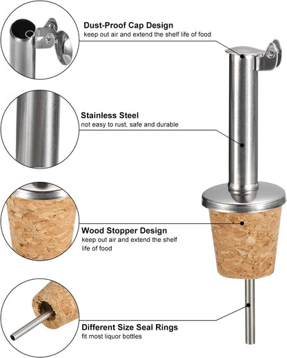 uxcell Stainless Steel Bottle Pourers, 2Pcs Auto Flip Olive Oil Spout, Cork Design Wine Bottle Stoppers, for Pours Liquid, Olive Oil, Wine, Vinegar, Most Liquor Bottles