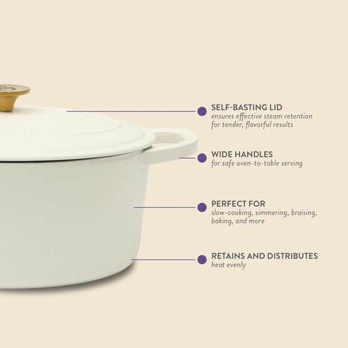 Crock Pot Artisan 7-Quart Oval Dutch Oven - Enameled Cast Iron in Linen White with Gold Knob | Heavy-Duty Cookware for Baking & Roasting