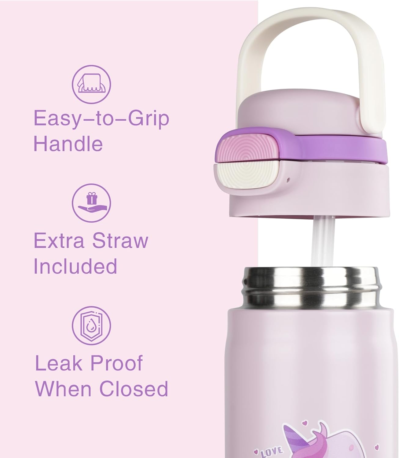 Skiennix Insulated Water Bottle for Kids - Leak-Proof Tumbler with Straw | Purple Unicorn Design