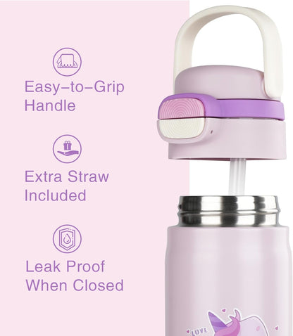 Skiennix Insulated Water Bottle for Kids - Leak-Proof Tumbler with Straw | Purple Unicorn Design