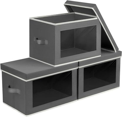 Homsorout Storage Bins - Small Collapsible Fabric Organizers with Lids, 3-Pack in Dark Grey