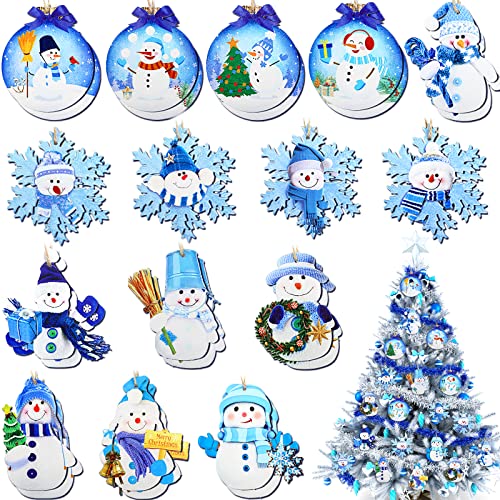30 Pcs Christmas Blue Snowman Ornaments Wooden Holiday Tree Decorations