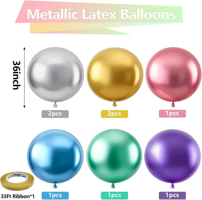 Bezente Metallic Chrome Giant Balloons - 36 Inch Jumbo Assorted Latex Balloons for Parties | 8 Pack
