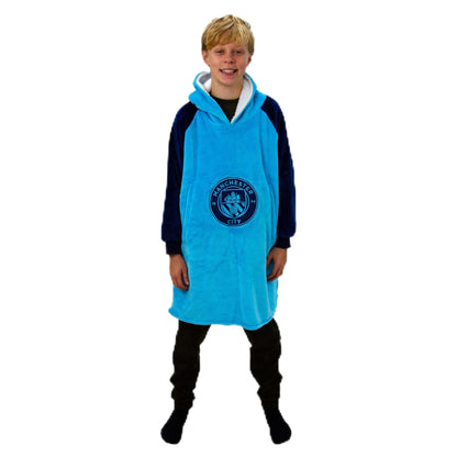 Manchester City FC Oversized Wearable Fleece Blanket, Super Warm and Cosy Premium Sherpa Lined, Design Perfect For Kids Aged 7-12 Years, One Size