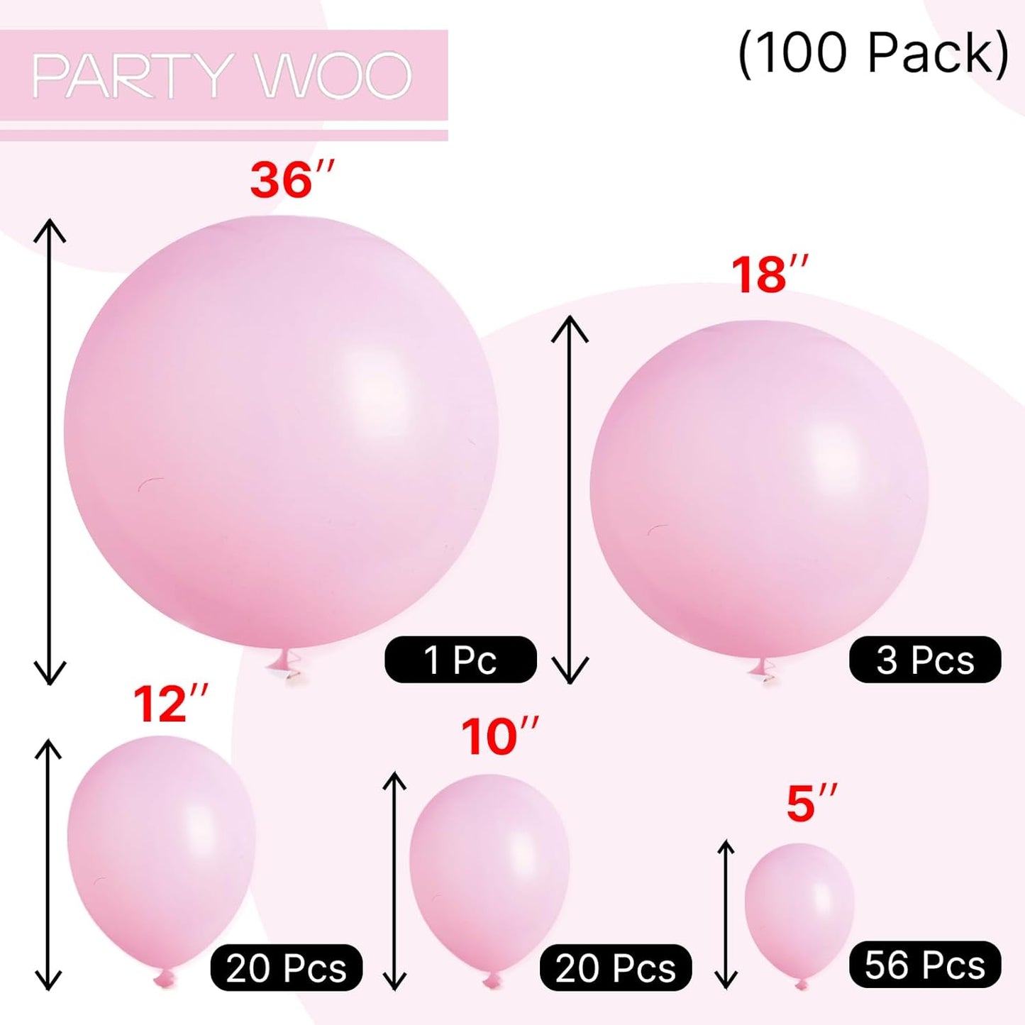 PartyWoo Baby Pink Balloons - 100 Pcs in Various Sizes for Baby Shower & Birthday Decor | Arch Kit & Garland