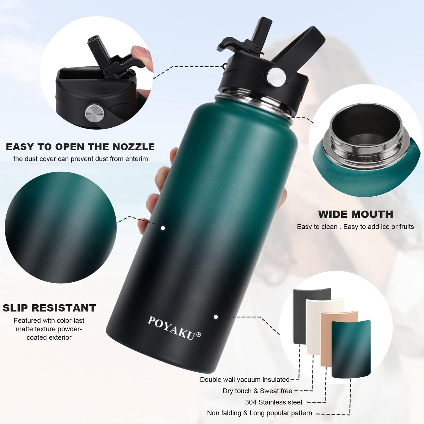 Skiennix Insulated Water Bottle - Leak Proof Stainless Steel with Straw & Spout Lids | 32oz to 128oz Sizes