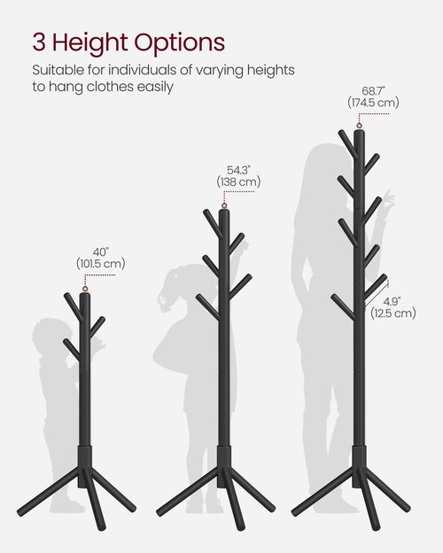 VASAGLE Solid Wood Coat Rack, Free Standing Tree-Shaped Coat Rack with 8 Hooks, 3 Height Options, for Clothes, Hats, Bags, Living Room, Bedroom, Home Office, Black URCR04BK