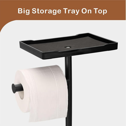 Skiennix Free Standing Toilet Paper Holder - Sturdy Black Tissue Roll Stand with Phone Shelf, Holds 5 Rolls