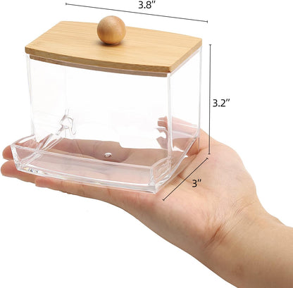 Tbestmax Qtip Holder Dispenser - 10oz Clear Bathroom Organizer with Bamboo Lid for Cotton Swabs & Balls