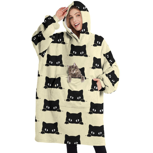 Touchbetter Cat Black Cat Kitten Meow Wearable Oversized Blanket, Sherpa Blanket Hoodie with Super Pockets, Super Warm Fuzzy Pullover for Women & Men