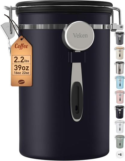 Veken Coffee Canister - Airtight Stainless Steel Food Storage Container | 39oz for 2.2lbs Beans, Sugar, Tea, Black