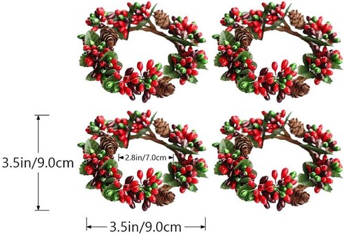 Amosfun Christmas Candle Rings - 6Pcs Artificial Berry Wreaths for Holiday Table Decor